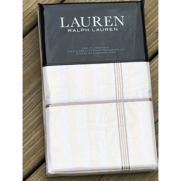 Ralph Lauren Allie KING Pillowcases PAIR Cream Flax Stripe Cotton NEW $150 - Picture 3 of 9